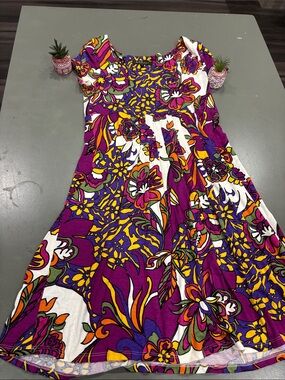 ABS Allen Schwartz Vibrant Purple Floral Midi Dress with White & Yellow Accents